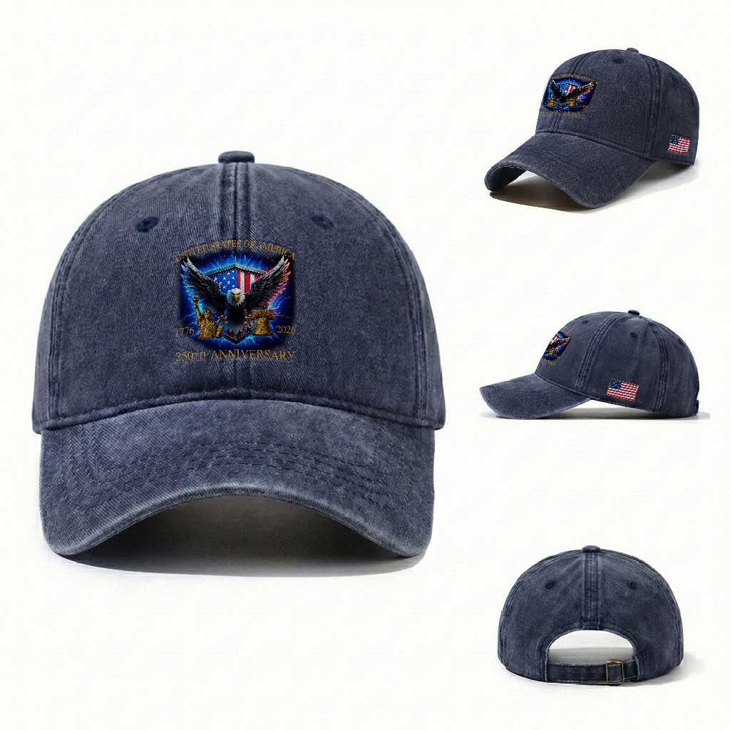 250 Years America Flag Washed Cotton Baseball Cap Eagle 250th Anniversary USA Patriotic 1776 2026 TS10 Washed Cap Universal Fit Navy Print Your Wear