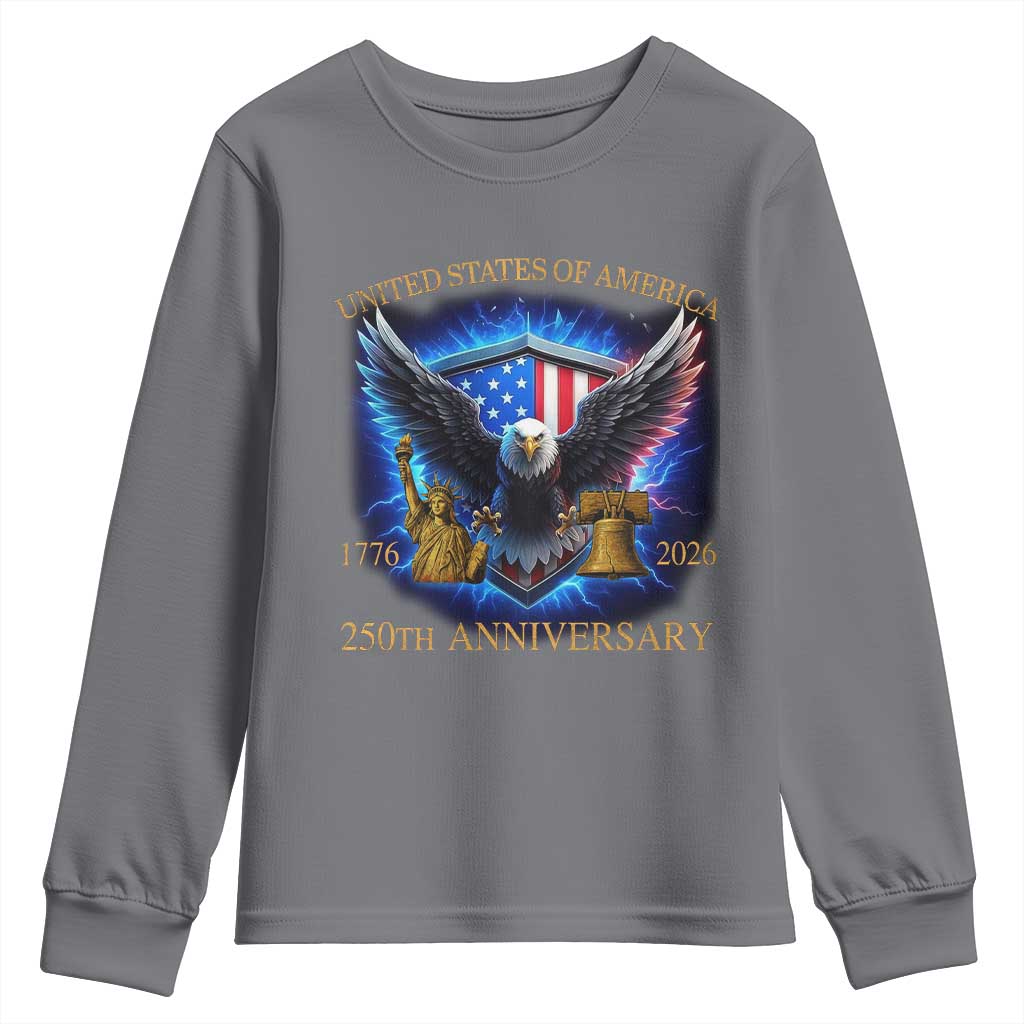 250 Years America Flag Youth Sweatshirt Eagle 250th Anniversary USA Patriotic 1776 2026 TS10 Charcoal Print Your Wear
