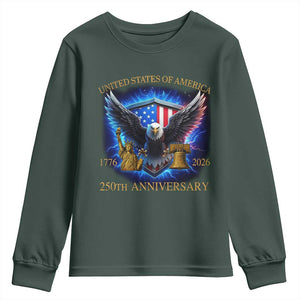 250 Years America Flag Youth Sweatshirt Eagle 250th Anniversary USA Patriotic 1776 2026 TS10 Dark Forest Green Print Your Wear