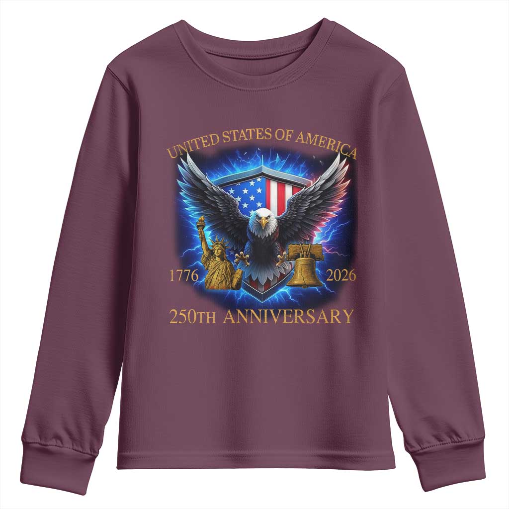 250 Years America Flag Youth Sweatshirt Eagle 250th Anniversary USA Patriotic 1776 2026 TS10 Maroon Print Your Wear