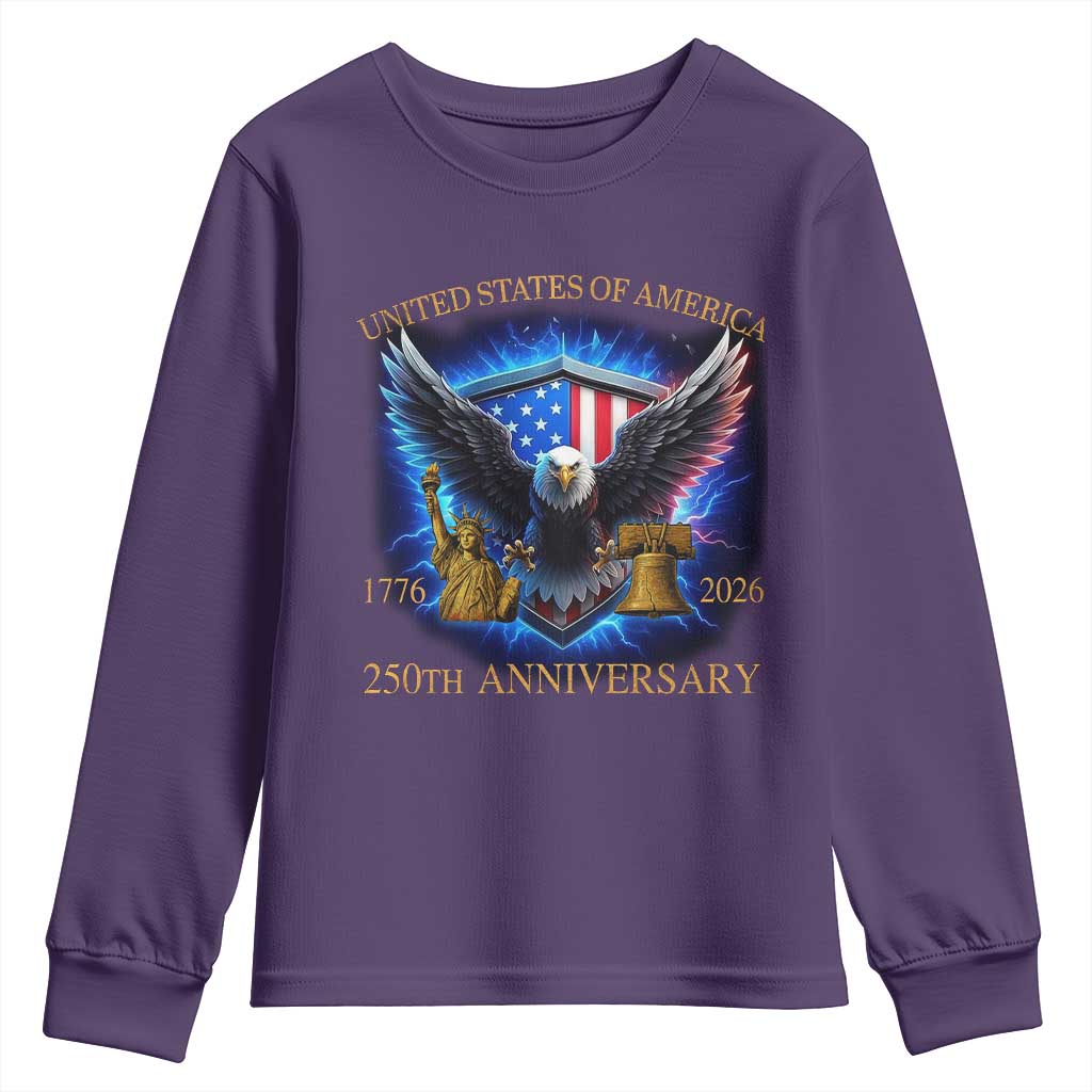 250 Years America Flag Youth Sweatshirt Eagle 250th Anniversary USA Patriotic 1776 2026 TS10 Purple Print Your Wear