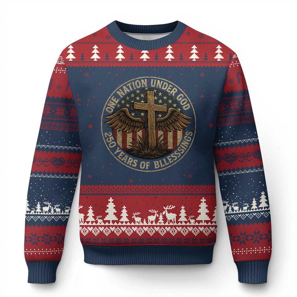 Blessings America 250 Years Ugly Christmas Sweater One Nation Under God USA 250th Anniversary Patriotic Cross TS10 Navy Red Print Your Wear