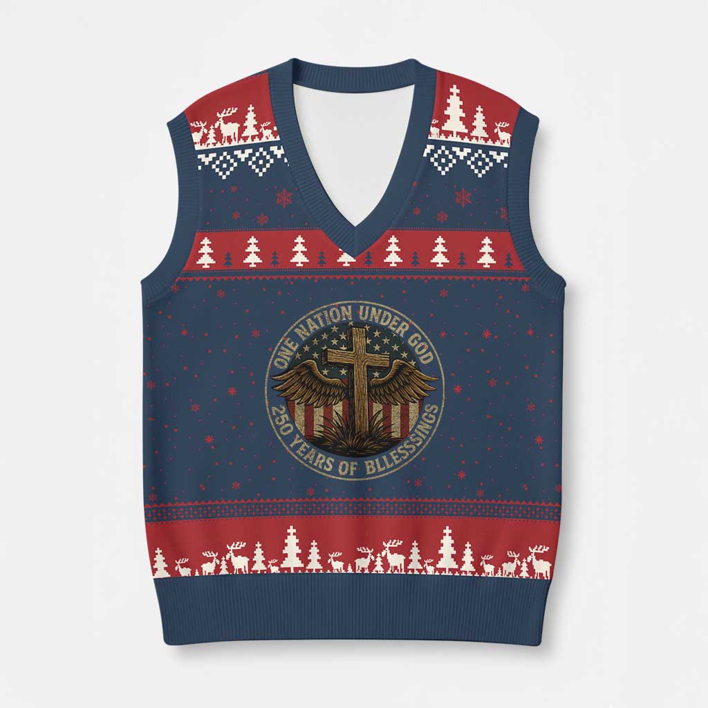Blessings America 250 Years V-Neck Knit Sweater Vest One Nation Under God USA 250th Anniversary Patriotic Cross TS10 Navy Red Print Your Wear