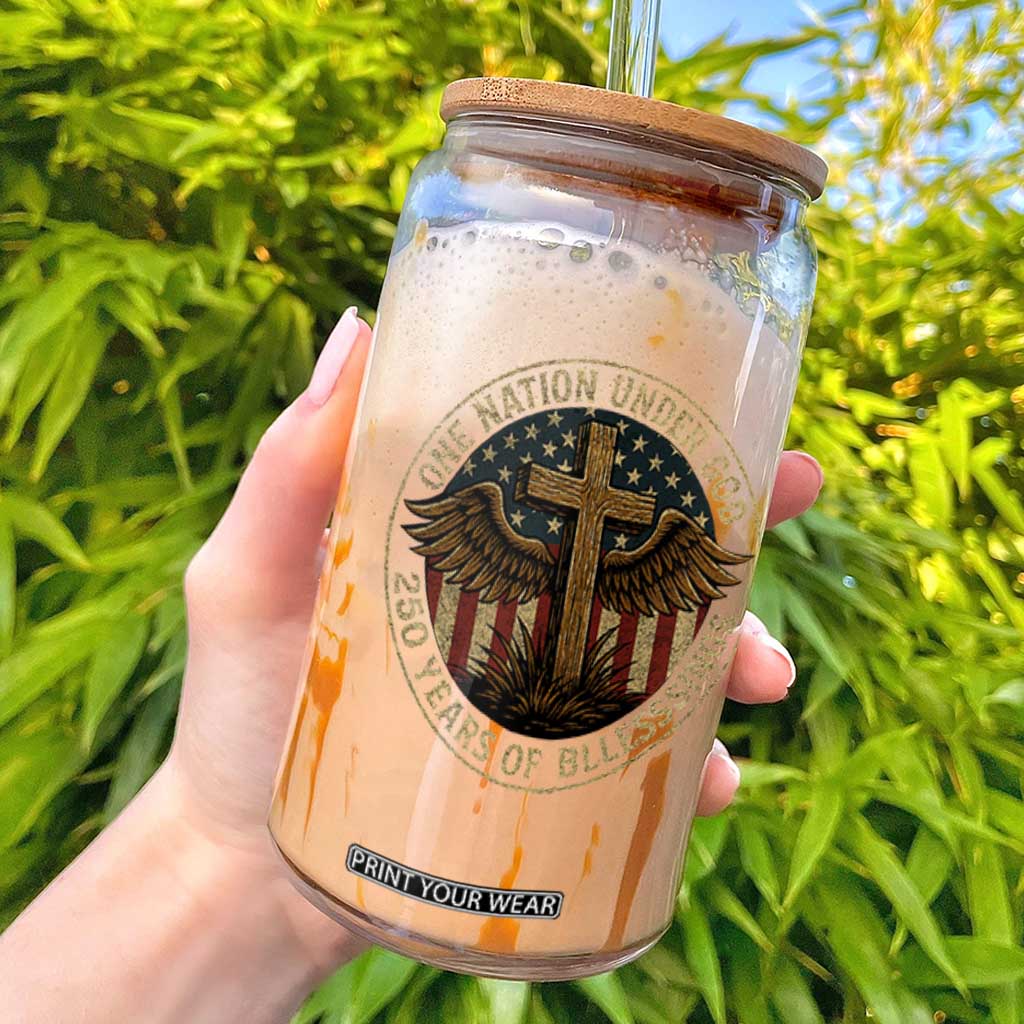 Blessings America 250 Years Glass Can One Nation Under God USA 250th Anniversary Patriotic Cross TS10 Black Print Your Wear