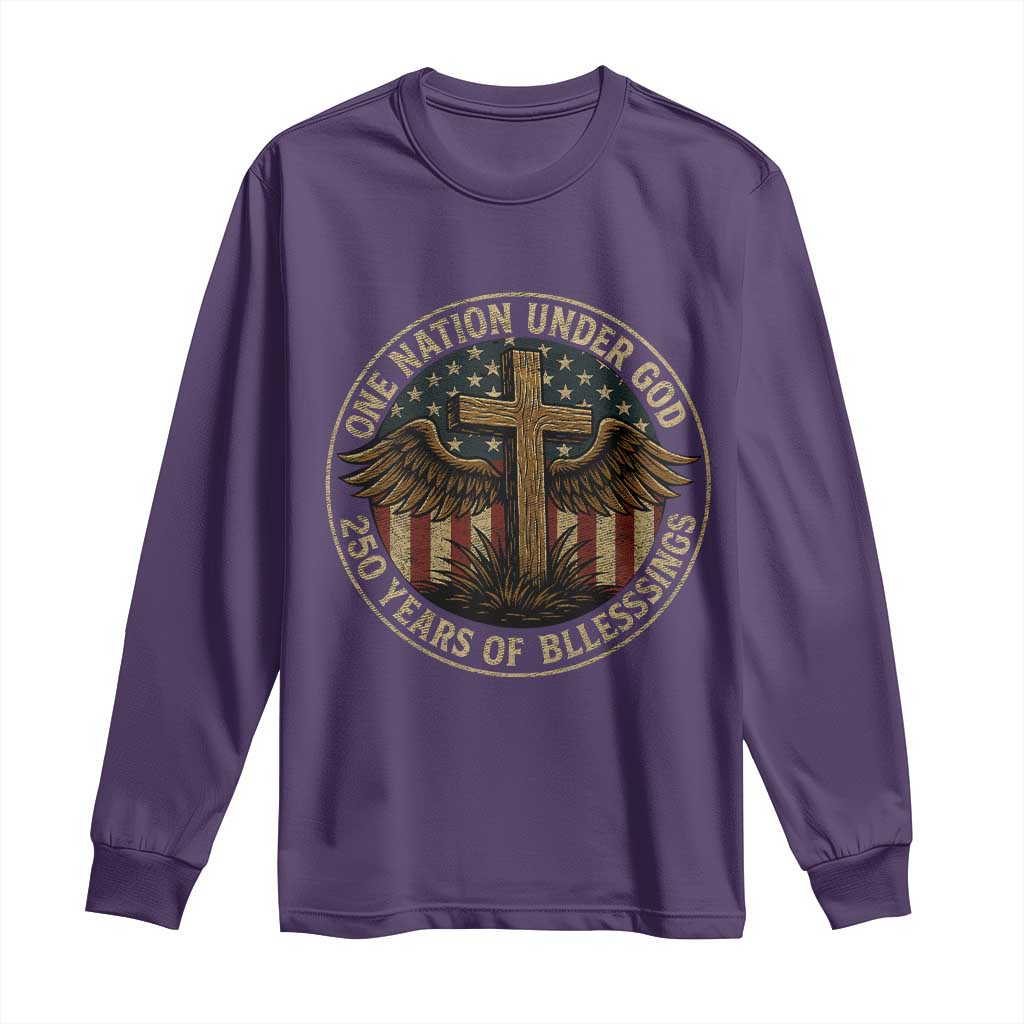 Blessings America 250 Years Long Sleeve Shirt One Nation Under God USA 250th Anniversary Patriotic Cross TS10 Purple Print Your Wear