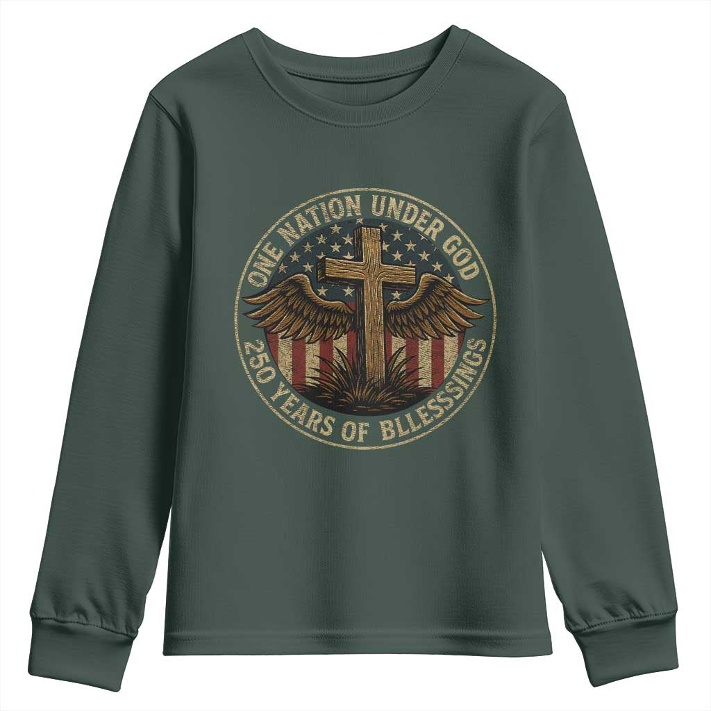 Blessings America 250 Years Youth Sweatshirt One Nation Under God USA 250th Anniversary Patriotic Cross TS10 Dark Forest Green Print Your Wear