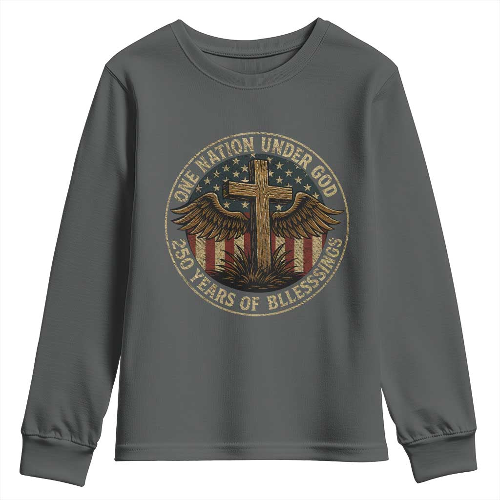 Blessings America 250 Years Youth Sweatshirt One Nation Under God USA 250th Anniversary Patriotic Cross TS10 Dark Heather Print Your Wear