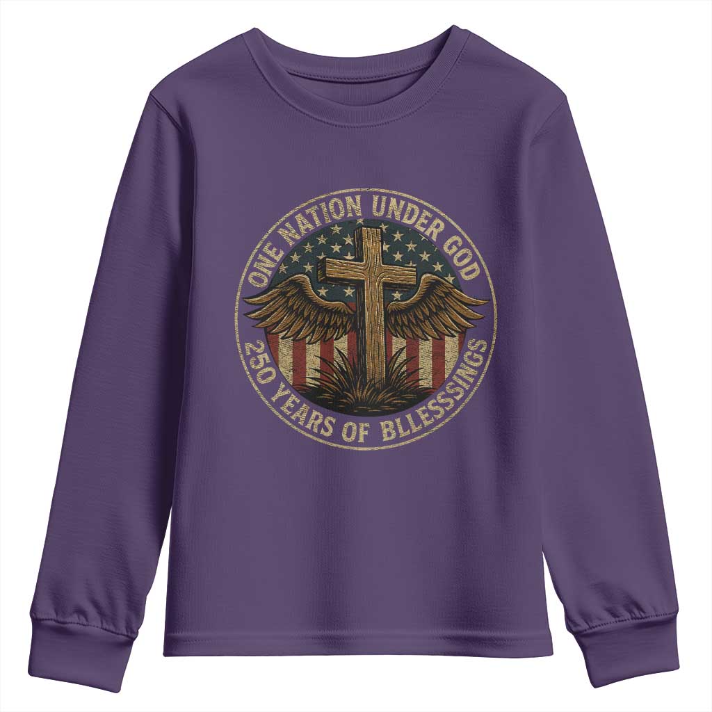 Blessings America 250 Years Youth Sweatshirt One Nation Under God USA 250th Anniversary Patriotic Cross TS10 Purple Print Your Wear