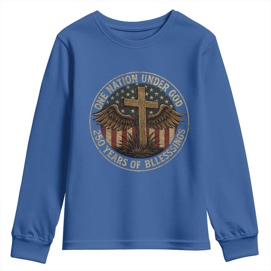 Blessings America 250 Years Youth Sweatshirt One Nation Under God USA 250th Anniversary Patriotic Cross TS10 Royal Blue Print Your Wear