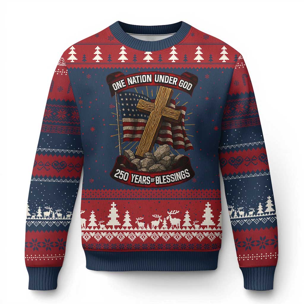 Blessings America Ugly Christmas Sweater One Nation Under God USA 250th Anniversary Patriotic Christian TS10 Navy Red Print Your Wear