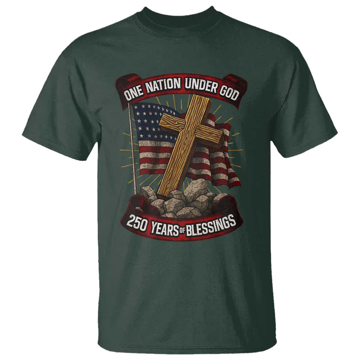 Blessings America T Shirt One Nation Under God USA 250th Anniversary Patriotic Christian TS10 Dark Forest Green Print Your Wear