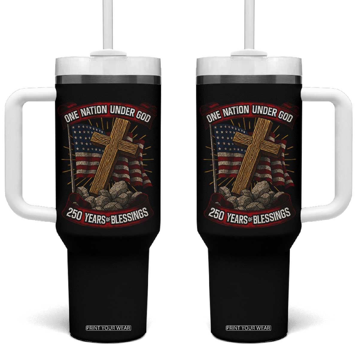 Blessings America Tumbler With Handle One Nation Under God USA 250th Anniversary Patriotic Christian TS10 One Size: 40 oz Black Print Your Wear