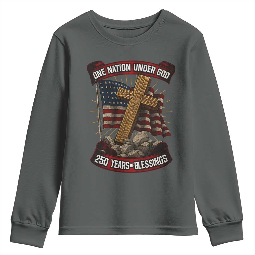 Blessings America Youth Sweatshirt One Nation Under God USA 250th Anniversary Patriotic Christian TS10 Dark Heather Print Your Wear