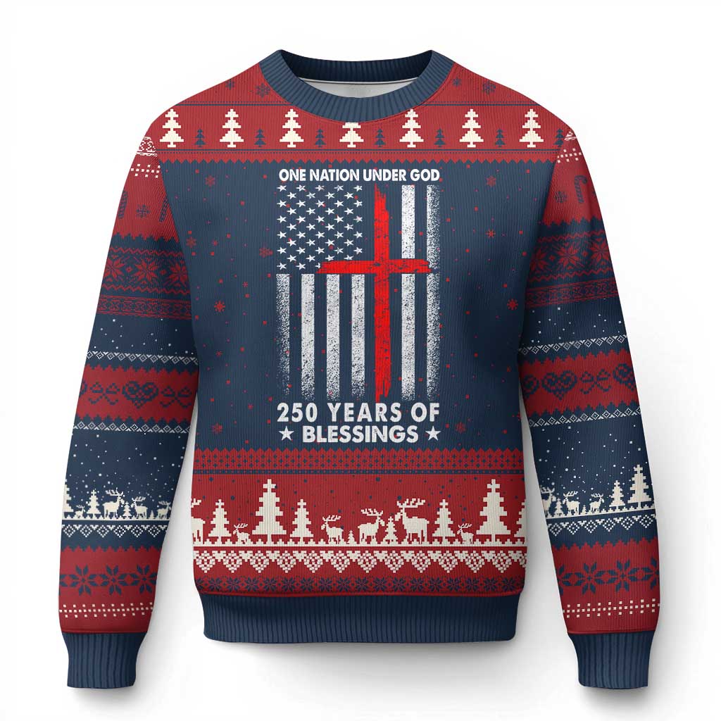 One Nation Under God Ugly Christmas Sweater USA 250th Anniversary Patriotic Christian One Nation Under God TS10 Navy Red Print Your Wear