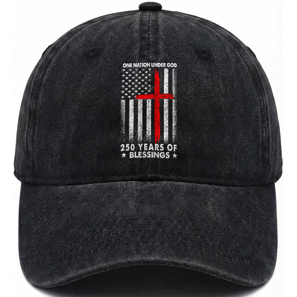 One Nation Under God Washed Cotton Baseball Cap USA 250th Anniversary Patriotic Christian One Nation Under God TS10 Washed Cap Universal Fit Black Print Your Wear