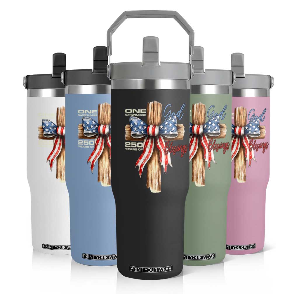 250 Years America Flip Straw Tumbler Coquette Bow Cross American 4th Of July 250th Anniversary TS10 Print Your Wear