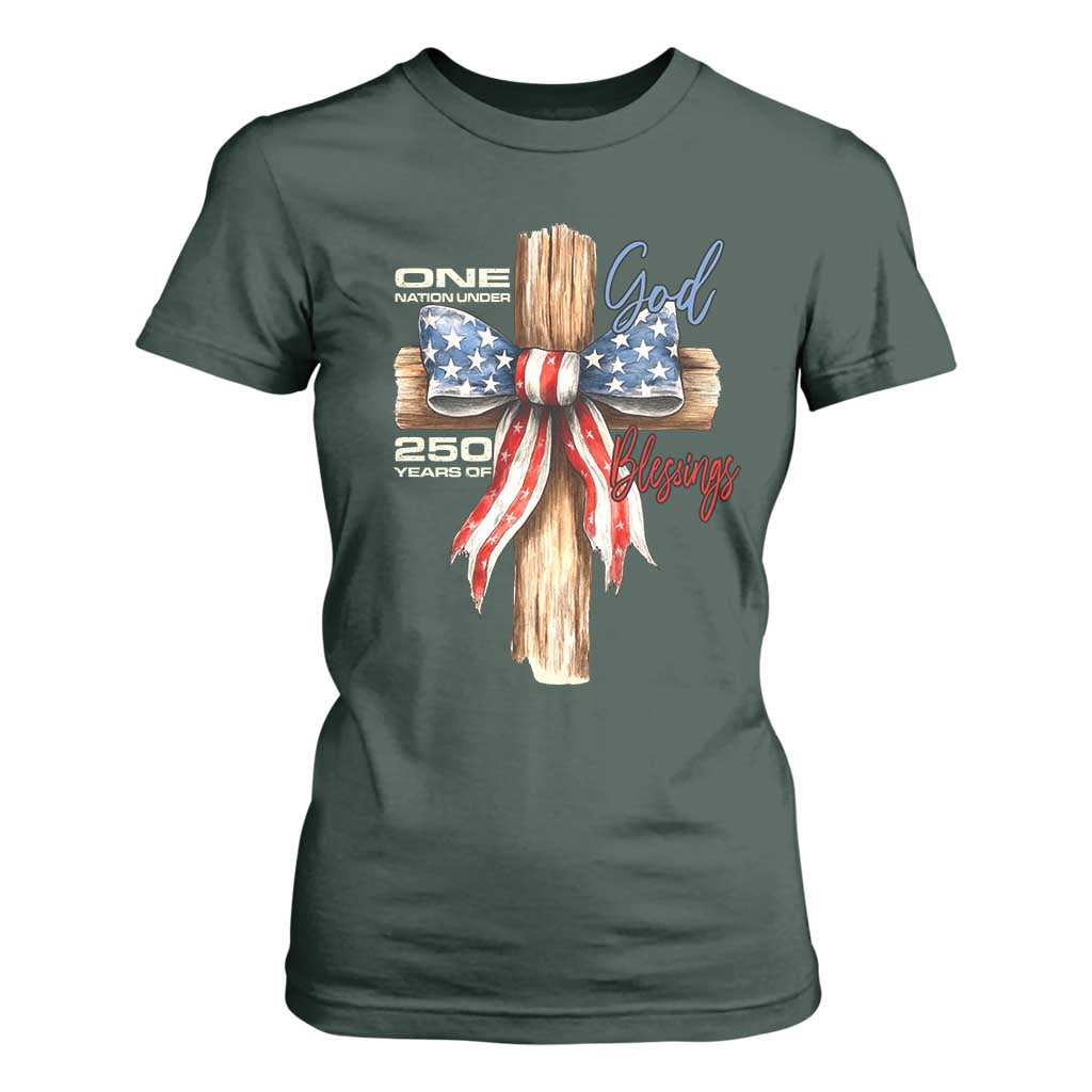 250 Years America T Shirt For Women Coquette Bow Cross American 4th Of July 250th Anniversary TS10 Dark Forest Green Print Your Wear