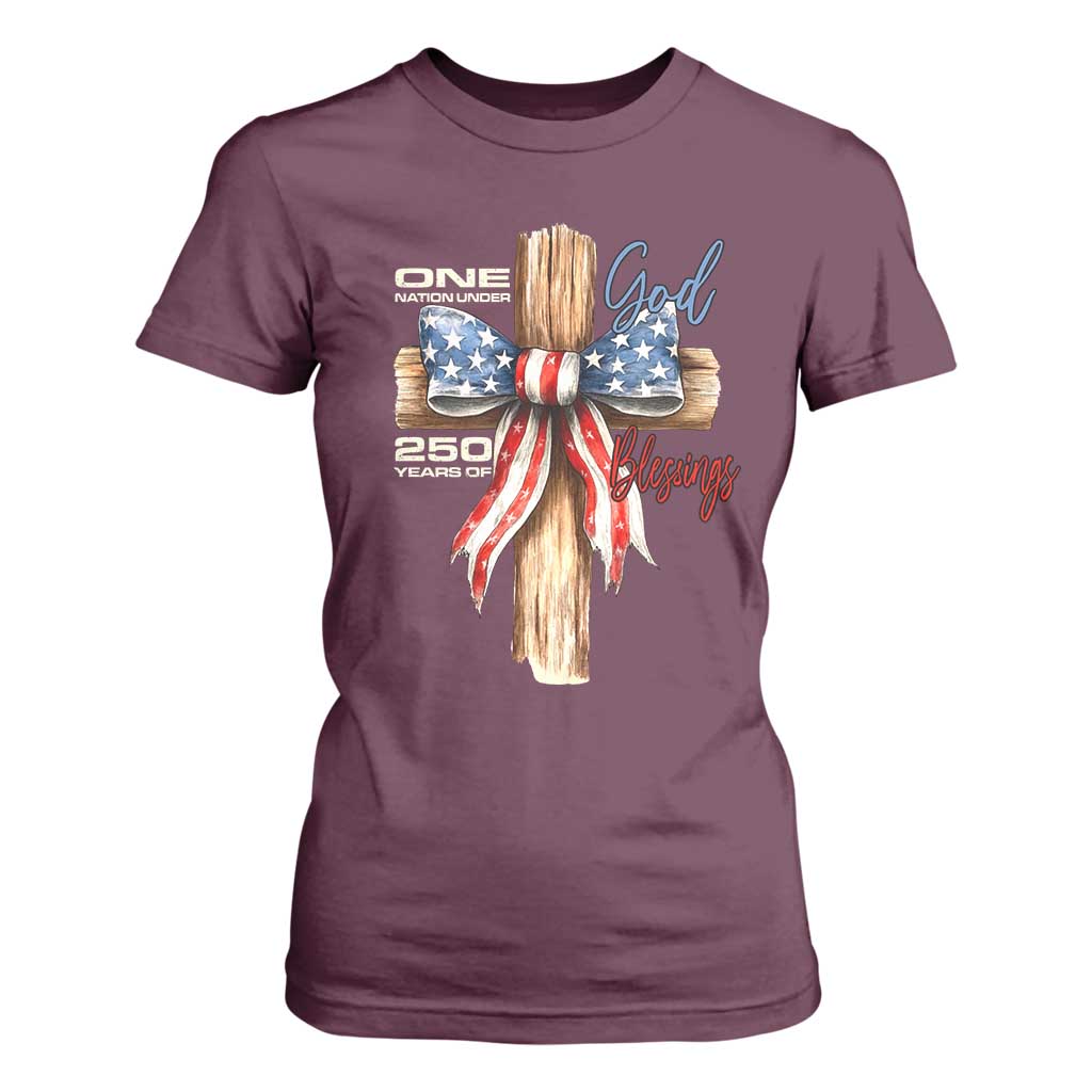 250 Years America T Shirt For Women Coquette Bow Cross American 4th Of July 250th Anniversary TS10 Maroon Print Your Wear