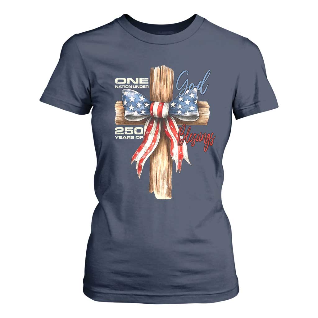 250 Years America T Shirt For Women Coquette Bow Cross American 4th Of July 250th Anniversary TS10 Navy Print Your Wear