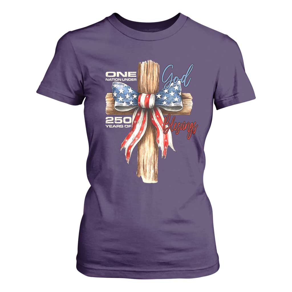 250 Years America T Shirt For Women Coquette Bow Cross American 4th Of July 250th Anniversary TS10 Purple Print Your Wear