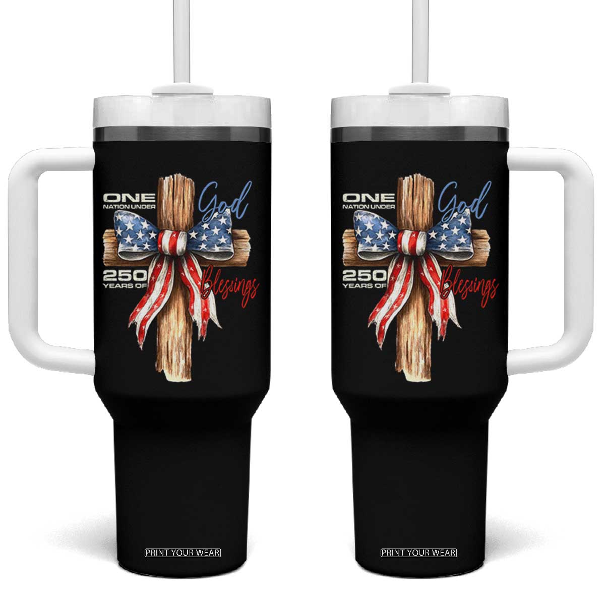250 Years America Tumbler With Handle Coquette Bow Cross American 4th Of July 250th Anniversary TS10 One Size: 40 oz Black Print Your Wear