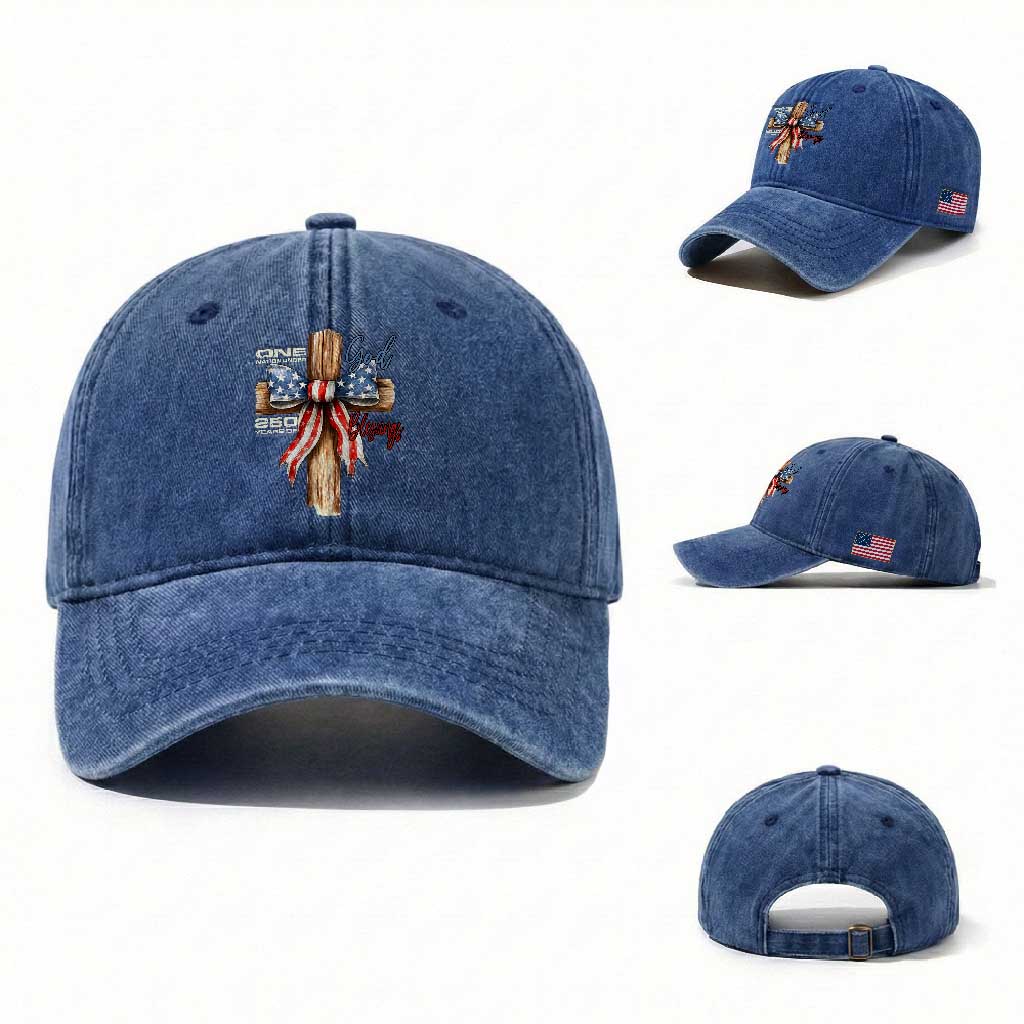 250 Years America Washed Cotton Baseball Cap Coquette Bow Cross American 4th Of July 250th Anniversary TS10 Washed Cap Universal Fit Royal Blue Print Your Wear