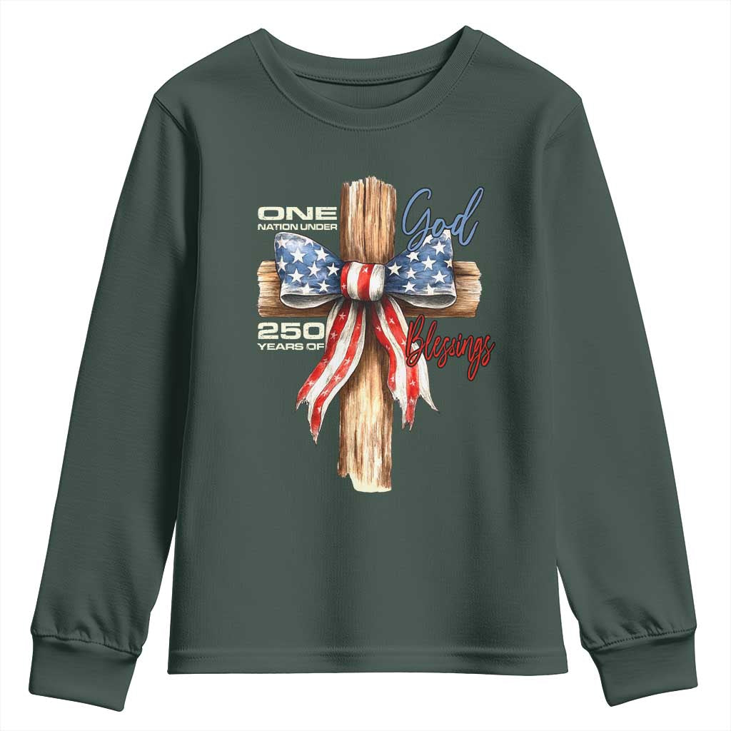 250 Years America Youth Sweatshirt Coquette Bow Cross American 4th Of July 250th Anniversary TS10 Dark Forest Green Print Your Wear