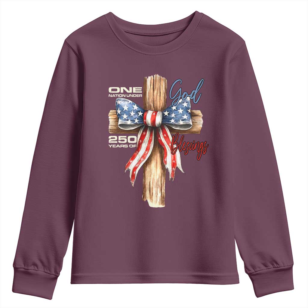 250 Years America Youth Sweatshirt Coquette Bow Cross American 4th Of July 250th Anniversary TS10 Maroon Print Your Wear