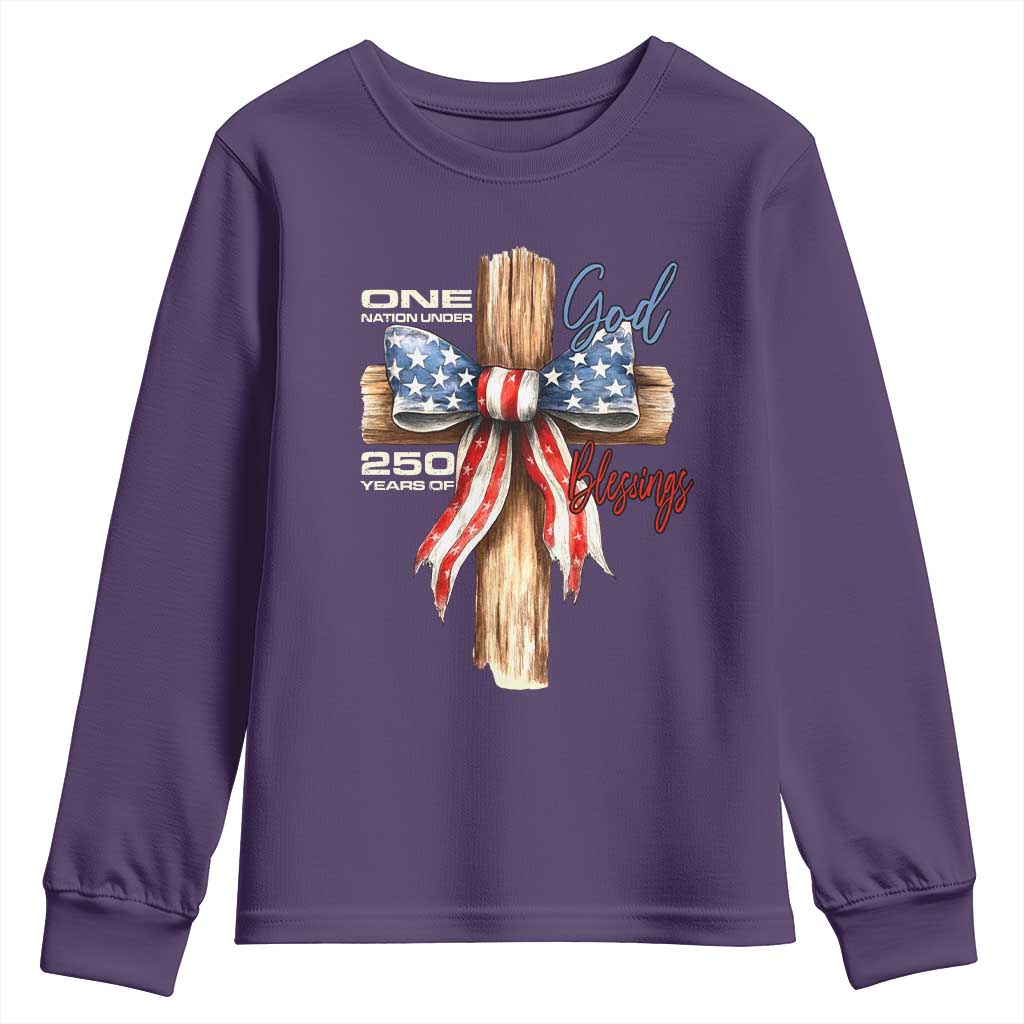 250 Years America Youth Sweatshirt Coquette Bow Cross American 4th Of July 250th Anniversary TS10 Purple Print Your Wear