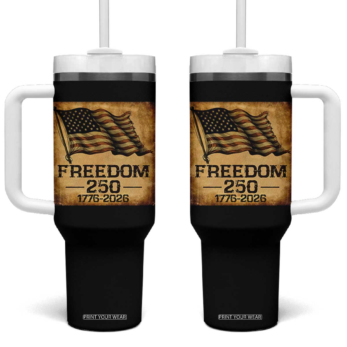 Freedom 250 Years America Tumbler With Handle Retro Vintage 250th Anniversary USA TS10 One Size: 40 oz Black Print Your Wear