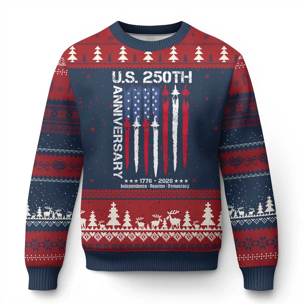 250th American Anniversary Ugly Christmas Sweater 250 Years America USA Flag Fighter Jets Patriotic Veterans TS10 Navy Red Print Your Wear