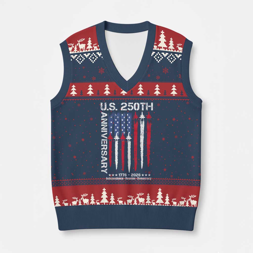 250th American Anniversary V-Neck Knit Sweater Vest 250 Years America USA Flag Fighter Jets Patriotic Veterans TS10 Navy Red Print Your Wear