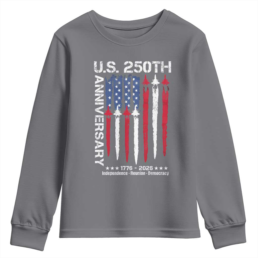 250th American Anniversary Youth Sweatshirt 250 Years America USA Flag Fighter Jets Patriotic Veterans TS10 Charcoal Print Your Wear
