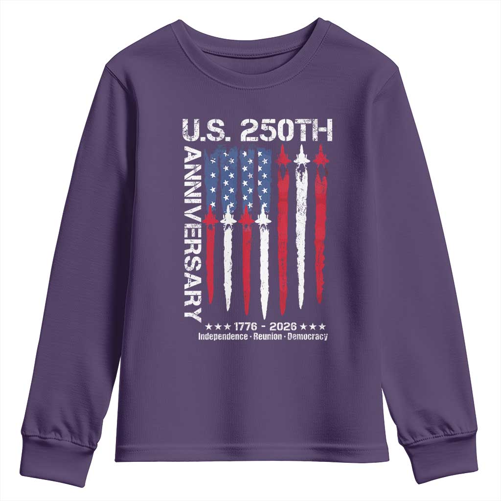 250th American Anniversary Youth Sweatshirt 250 Years America USA Flag Fighter Jets Patriotic Veterans TS10 Purple Print Your Wear