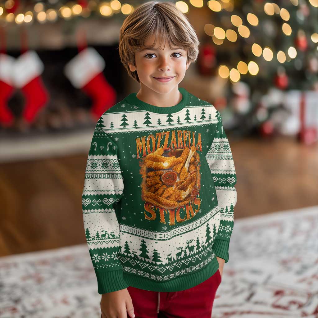 Mozzarella Sticks Ugly Christmas Sweater Funny Foodie Meme Snack Lover Vintage 90s TS10 Forest Green Beige Print Your Wear