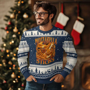 Mozzarella Sticks Ugly Christmas Sweater Funny Foodie Meme Snack Lover Vintage 90s TS10 Navy Beige Print Your Wear