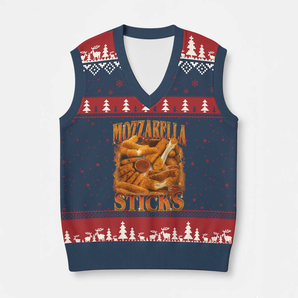 Mozzarella Sticks V-Neck Knit Sweater Vest Funny Foodie Meme Snack Lover Vintage 90s TS10 Navy Red Print Your Wear
