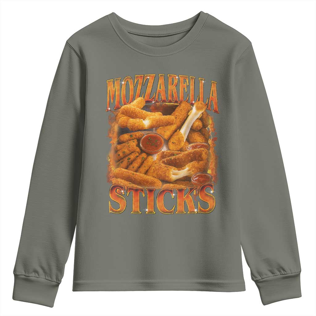 Mozzarella Sticks Youth Sweatshirt Funny Foodie Meme Snack Lover Vintage 90s TS10 Military Green Print Your Wear