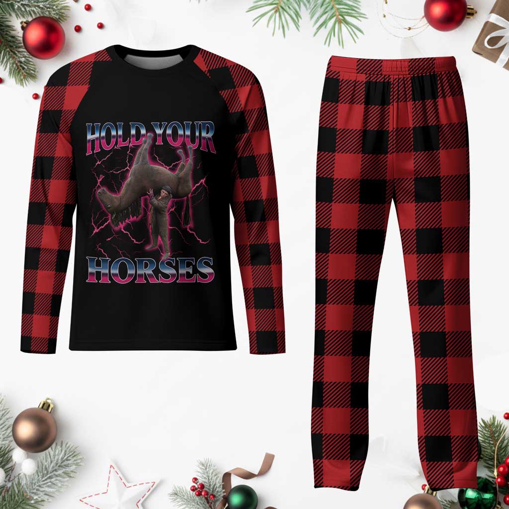 Hold Your Horses Funny Meme Plaid Pajama Set Vintage 90s Style Bootleg Graphic TS10 Buffalo Plaid Print Your Wear