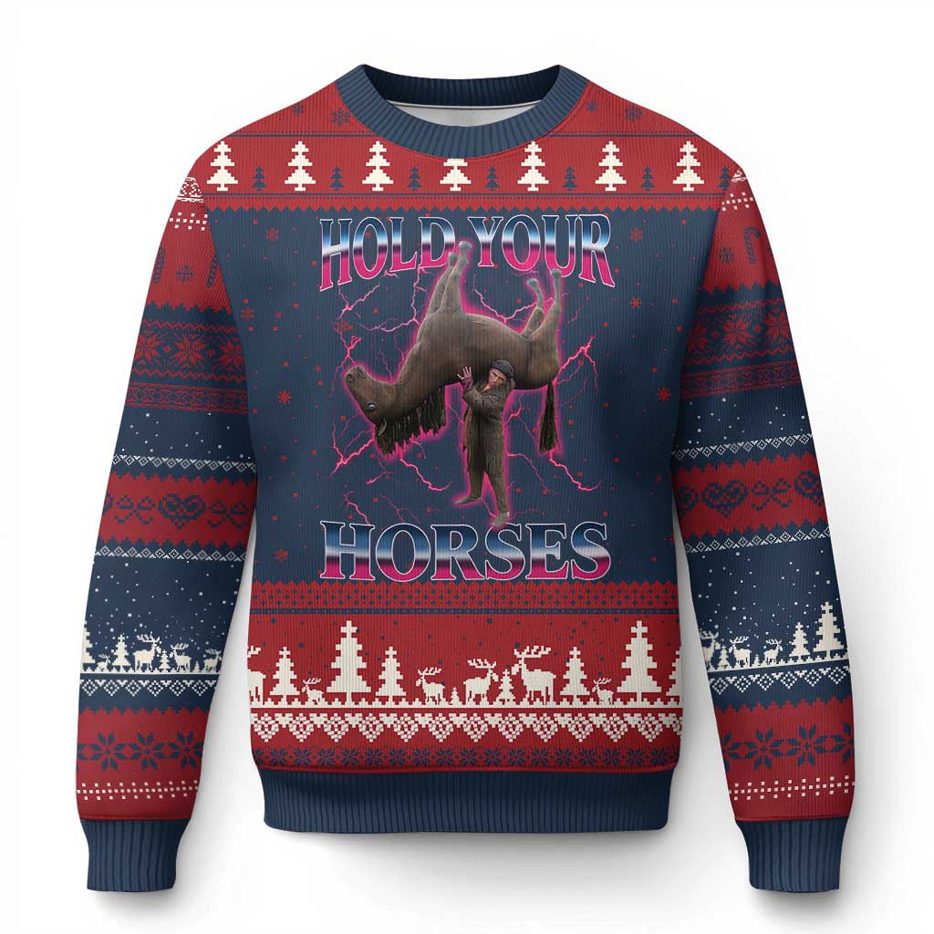 Hold Your Horses Funny Meme Ugly Christmas Sweater Vintage 90s Style Bootleg Graphic TS10 Navy Red Print Your Wear