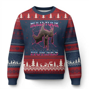 Hold Your Horses Funny Meme Ugly Christmas Sweater Vintage 90s Style Bootleg Graphic TS10 Navy Red Print Your Wear
