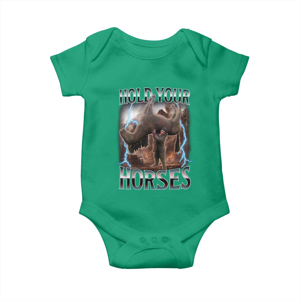 Funny Meme Hold Your Horses Baby Onesie Vintage 90s Style Bootleg Graphic TS10 Irish Green Print Your Wear