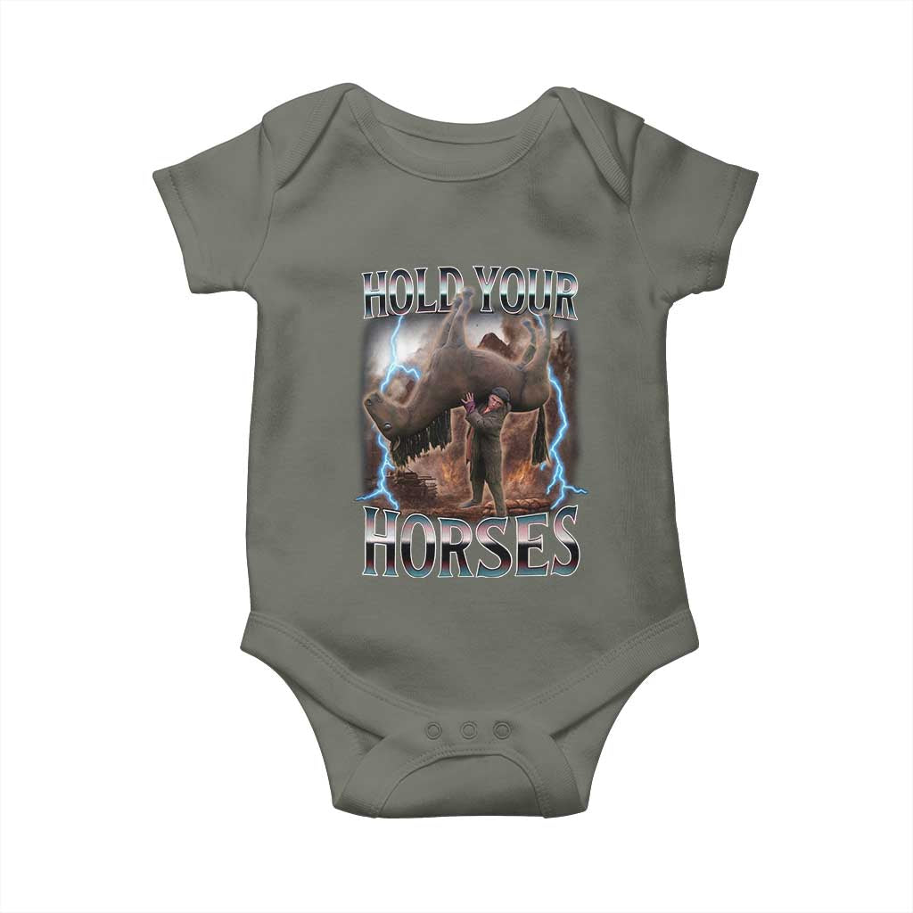 Funny Meme Hold Your Horses Baby Onesie Vintage 90s Style Bootleg Graphic TS10 Military Green Print Your Wear