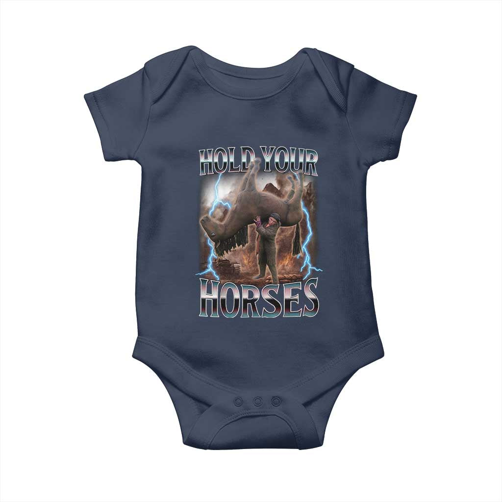 Funny Meme Hold Your Horses Baby Onesie Vintage 90s Style Bootleg Graphic TS10 Navy Print Your Wear