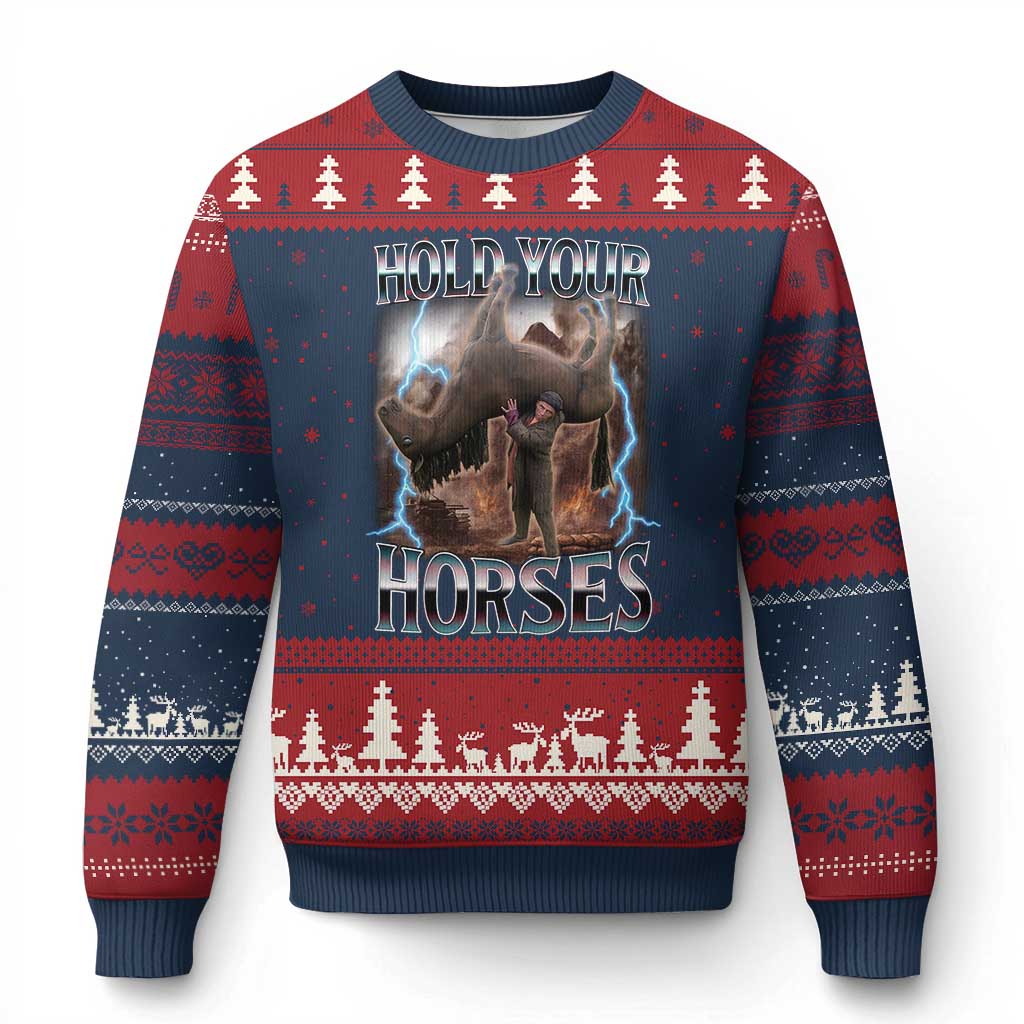 Funny Meme Hold Your Horses Ugly Christmas Sweater Vintage 90s Style Bootleg Graphic TS10 Navy Red Print Your Wear