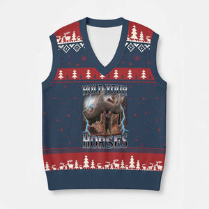 Funny Meme Hold Your Horses V-Neck Knit Sweater Vest Vintage 90s Style Bootleg Graphic TS10 Navy Red Print Your Wear