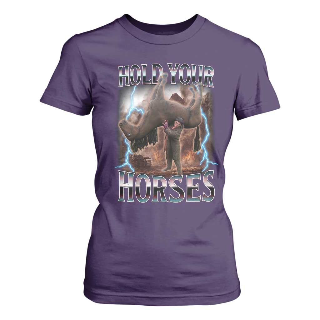 Funny Meme Hold Your Horses T Shirt For Women Vintage 90s Style Bootleg Graphic TS10 Purple Print Your Wear