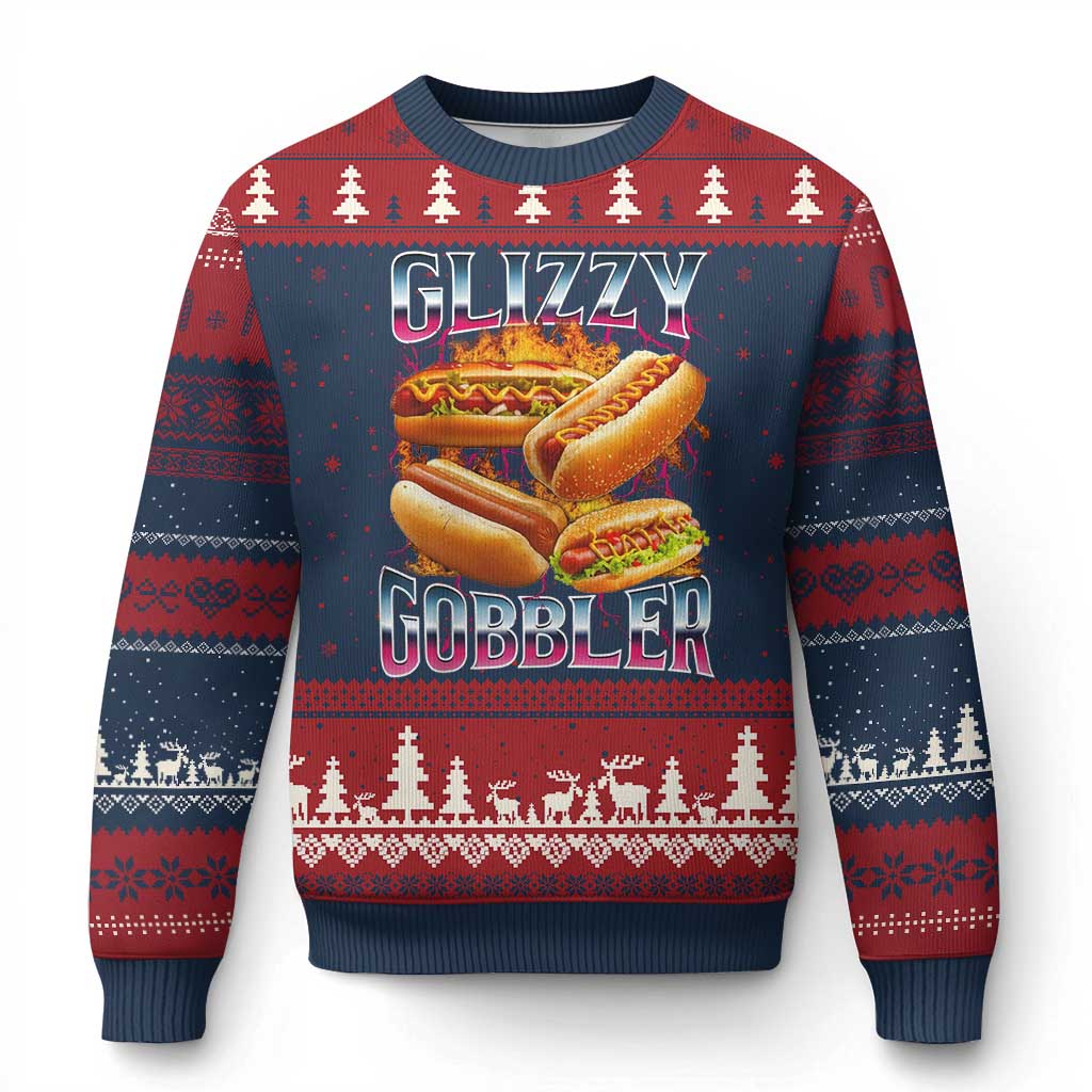 Glizzy Gobbler Ugly Christmas Sweater Vintage Hot Dog Meme Funny Foodie Gen Z TS10 Navy Red Print Your Wear