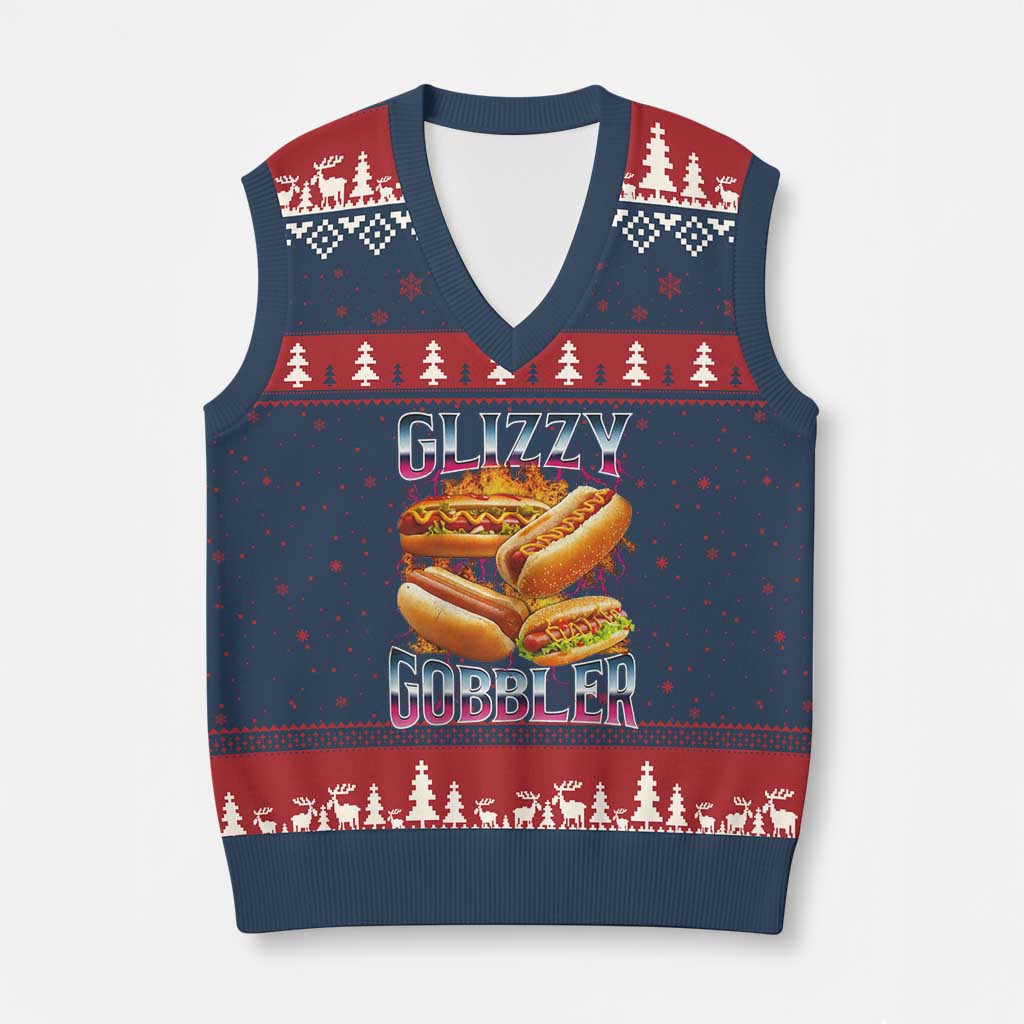 Glizzy Gobbler V-Neck Knit Sweater Vest Vintage Hot Dog Meme Funny Foodie Gen Z TS10 Navy Red Print Your Wear