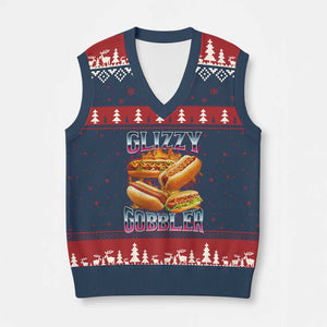 Glizzy Gobbler V-Neck Knit Sweater Vest Vintage Hot Dog Meme Funny Foodie Gen Z TS10 Navy Red Print Your Wear